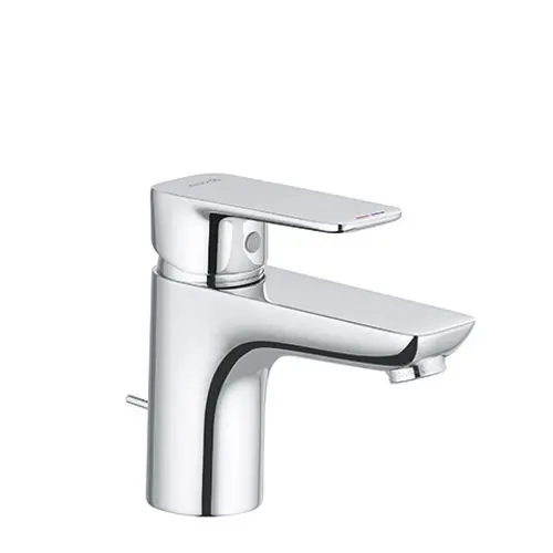 Kludi-Waschtischarmatur mit einem metallischen Auslauf und einem zentralen Hebel zur Einstellung der Wassertemperatur, polierte Chromoberfläche.